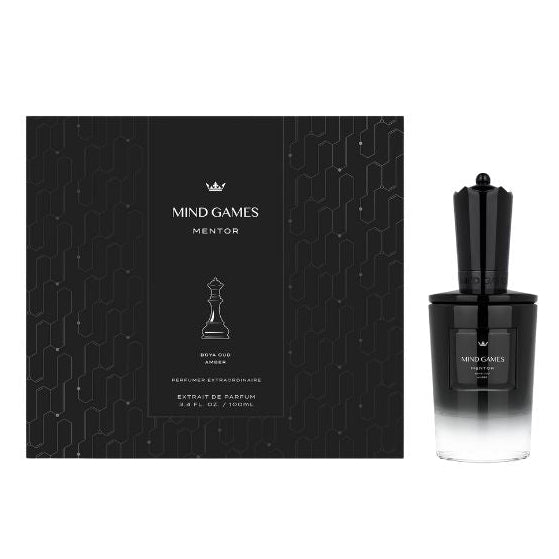 Mind Games Fragrance Mentor Tester extrait de parfum bottle with sleek design and minimalist label on a neutral background.