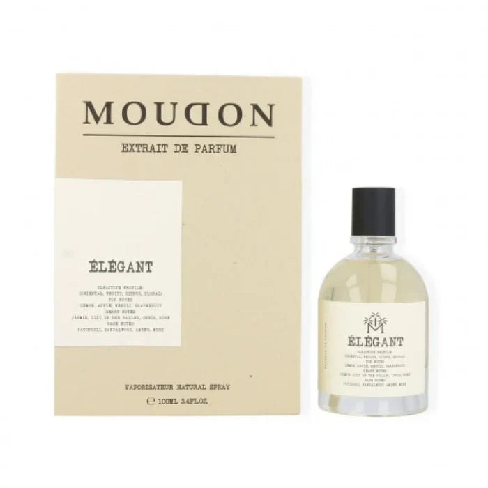 Moudon Elegant Extrait de Parfum spray in a 3.4 oz (100ml) bottle, showcasing a sophisticated fragrance design.
