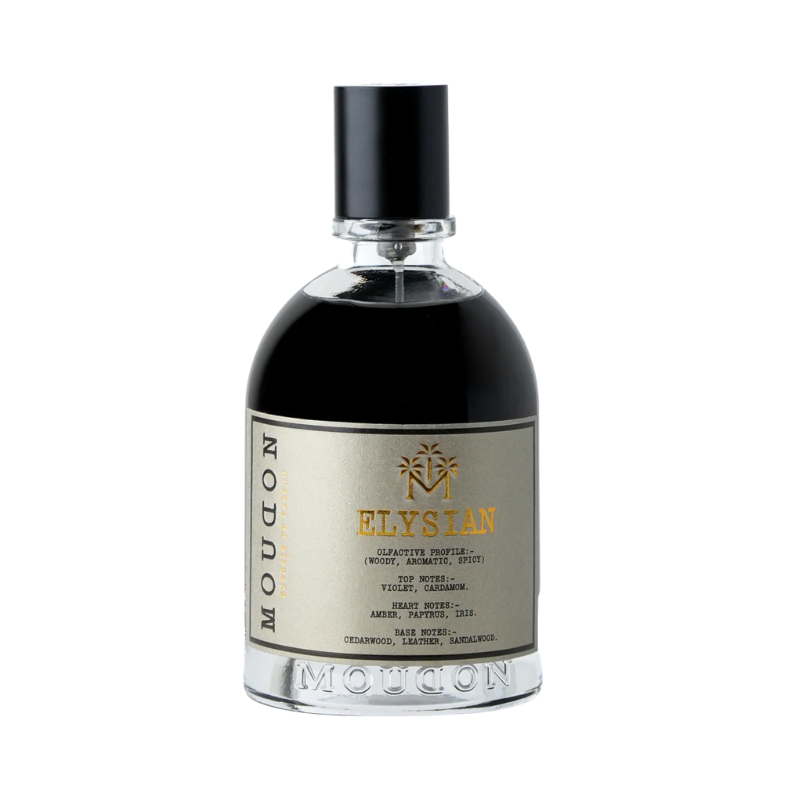 Moudon Elysian Extrait de Parfum spray bottle, 3.4 oz (100ml), elegant fragrance with sophisticated floral and woody notes.