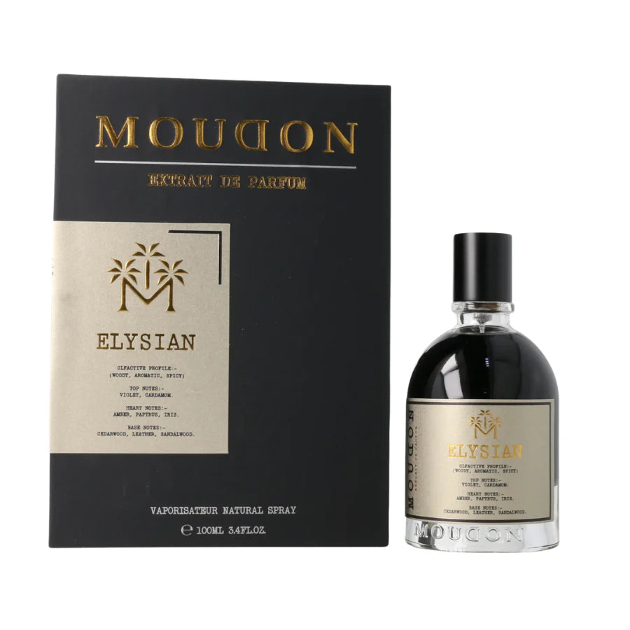 Moudon Elysian Extrait de Parfum spray bottle, 3.4 oz (100 ml), elegant glass bottle with floral and citrus notes design.