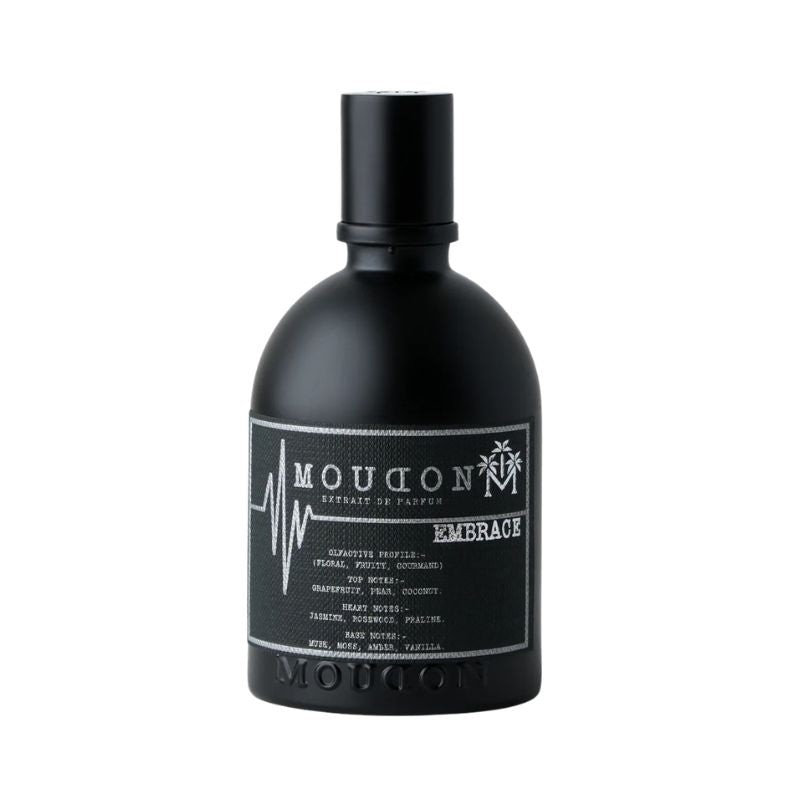 Moudon Embrace Extrait de Parfum spray bottle, 3.4 oz, elegant fragrance bottle with a sleek design and gold accents.