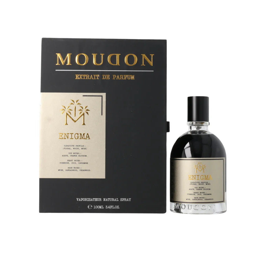 Moudon Enigma extrait de parfum spray bottle, 3.4 oz, elegant glass container with a sleek design and gold accents.