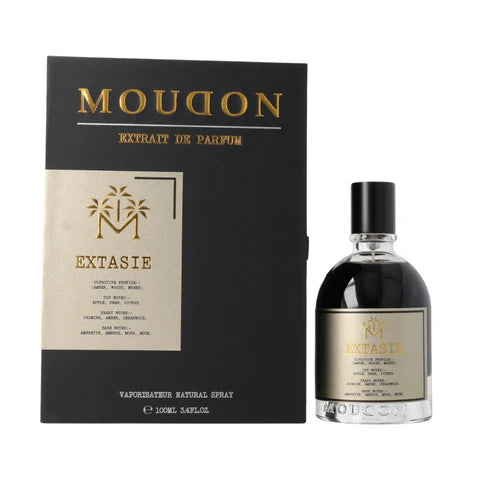 Moudon Extrait de Parfum spray bottle, 3.4 oz (100ml), elegant perfume bottle with a sleek design and cap.