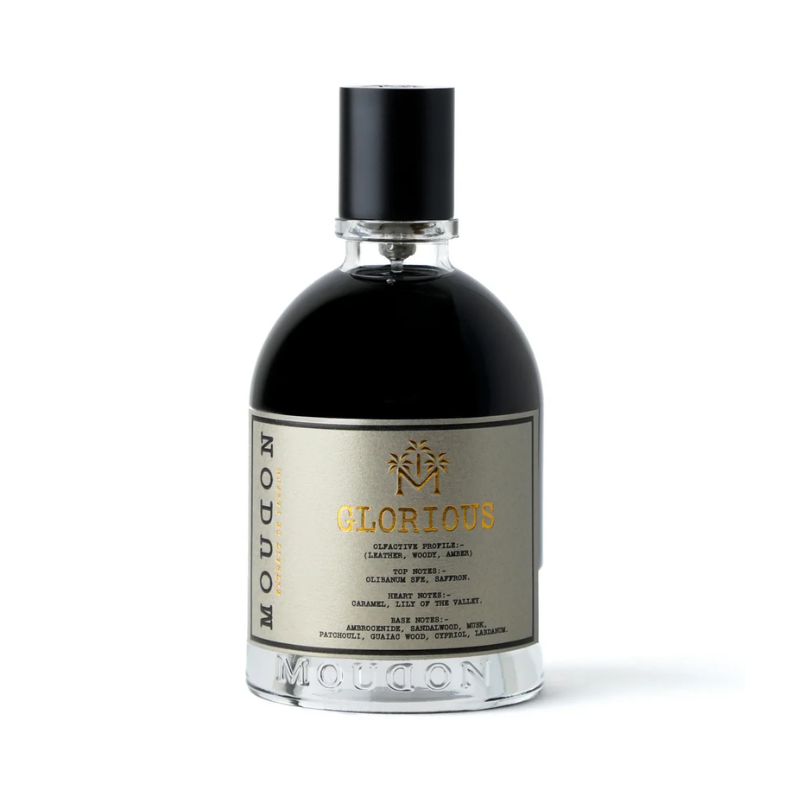 Moudon Glorious Extrait de Parfum in 3.4 oz spray bottle, elegant packaging and luxurious fragrance presentation.