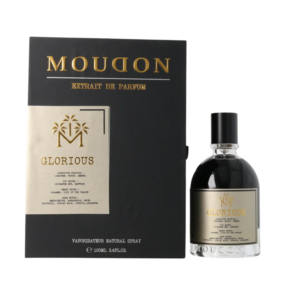 Moudon Glorious Extrait de Parfum spray in 3.4 oz (100ml) bottle showcasing elegant packaging and the luxurious perfume inside.