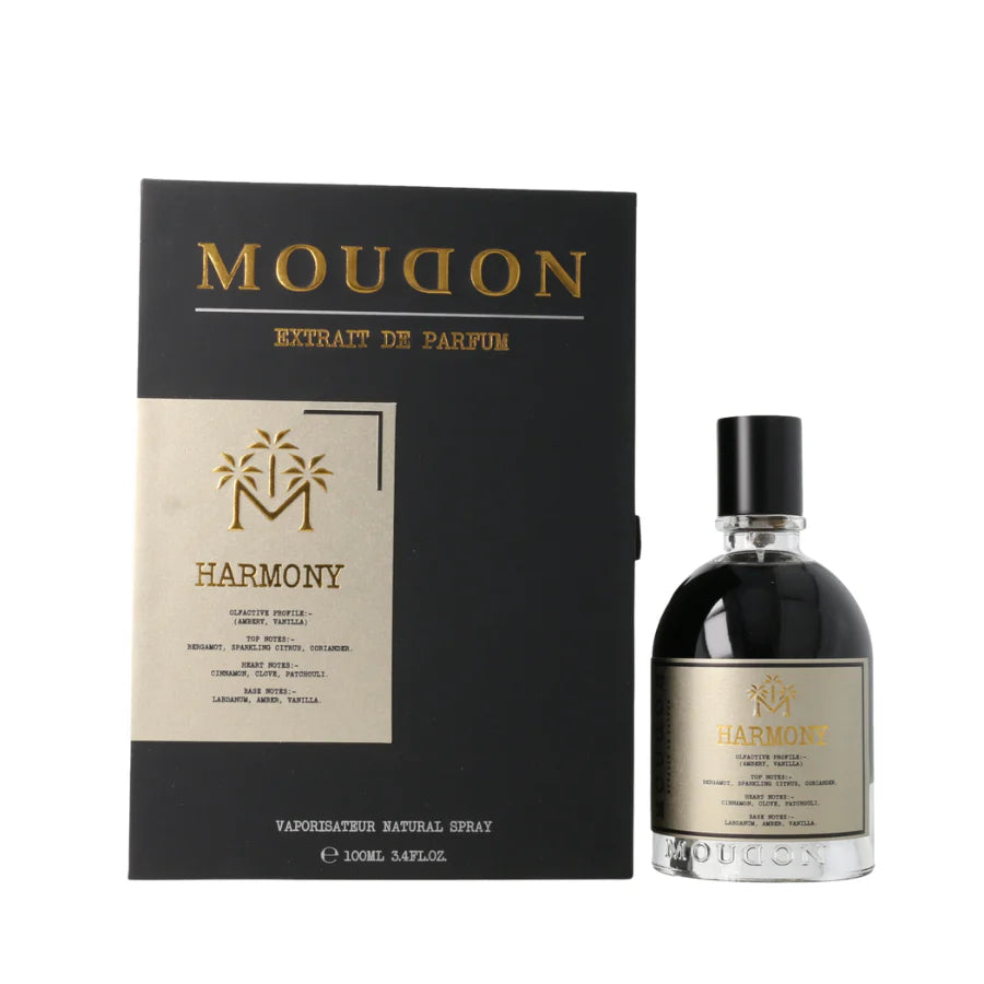 Moudon Harmony Extrait de Parfum spray in 3.4 oz (100ml), elegant glass bottle with a sleek design and fragrance cap.