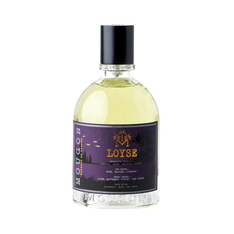 Moudon Loyse Extrait de Parfum spray bottle, 3.4 oz (100ml), elegant perfume bottle with a sleek design and gold accents.