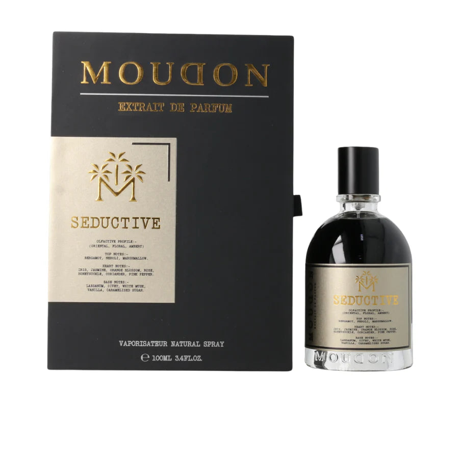 Moudon Seductive Extrait de Parfum spray in a 3.4 oz (100 ml) bottle, featuring elegant packaging and a seductive fragrance design.