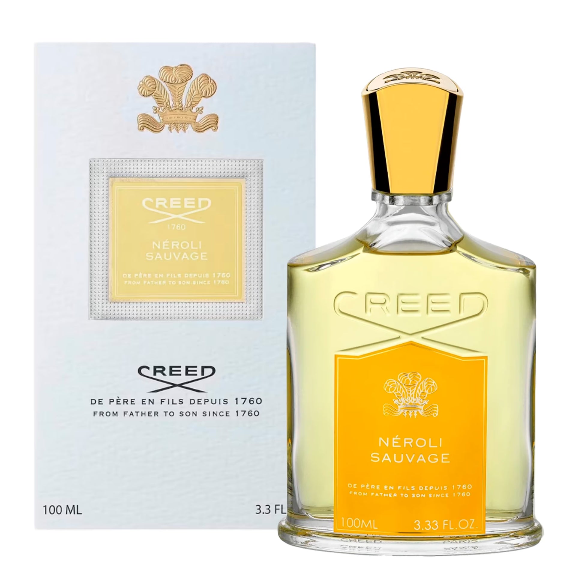 Creed Neroli Sauvage Eau De Parfum bottle with a sleek design and fresh citrus aroma, displayed on a neutral background.