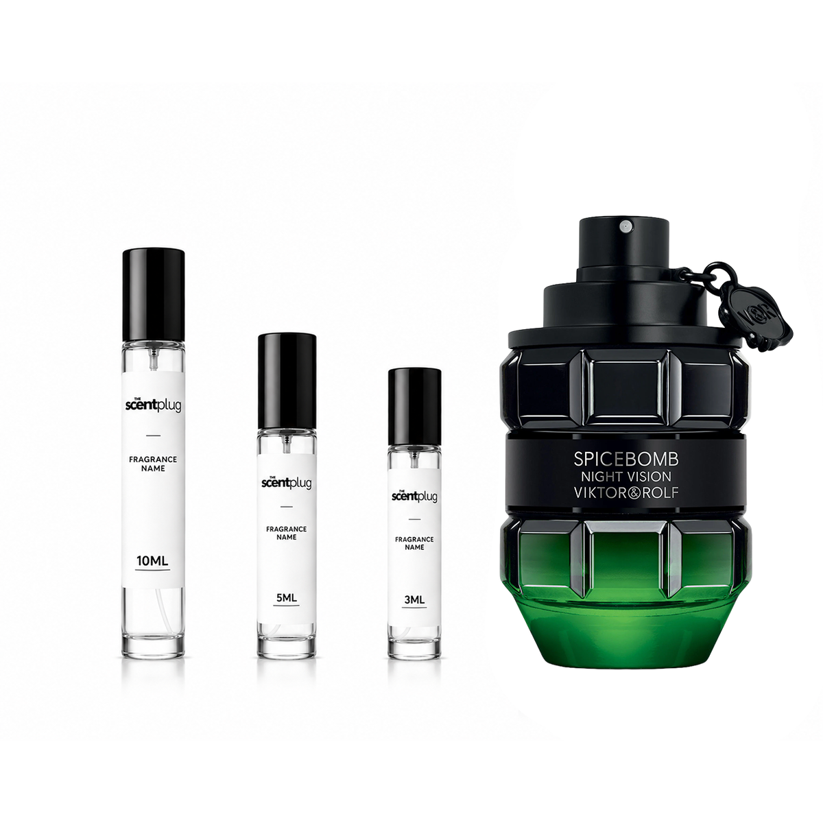 Viktor & Rolf Spicebomb Night Vision EDT decant sample bottle with dark, sleek packaging and night-themed design.