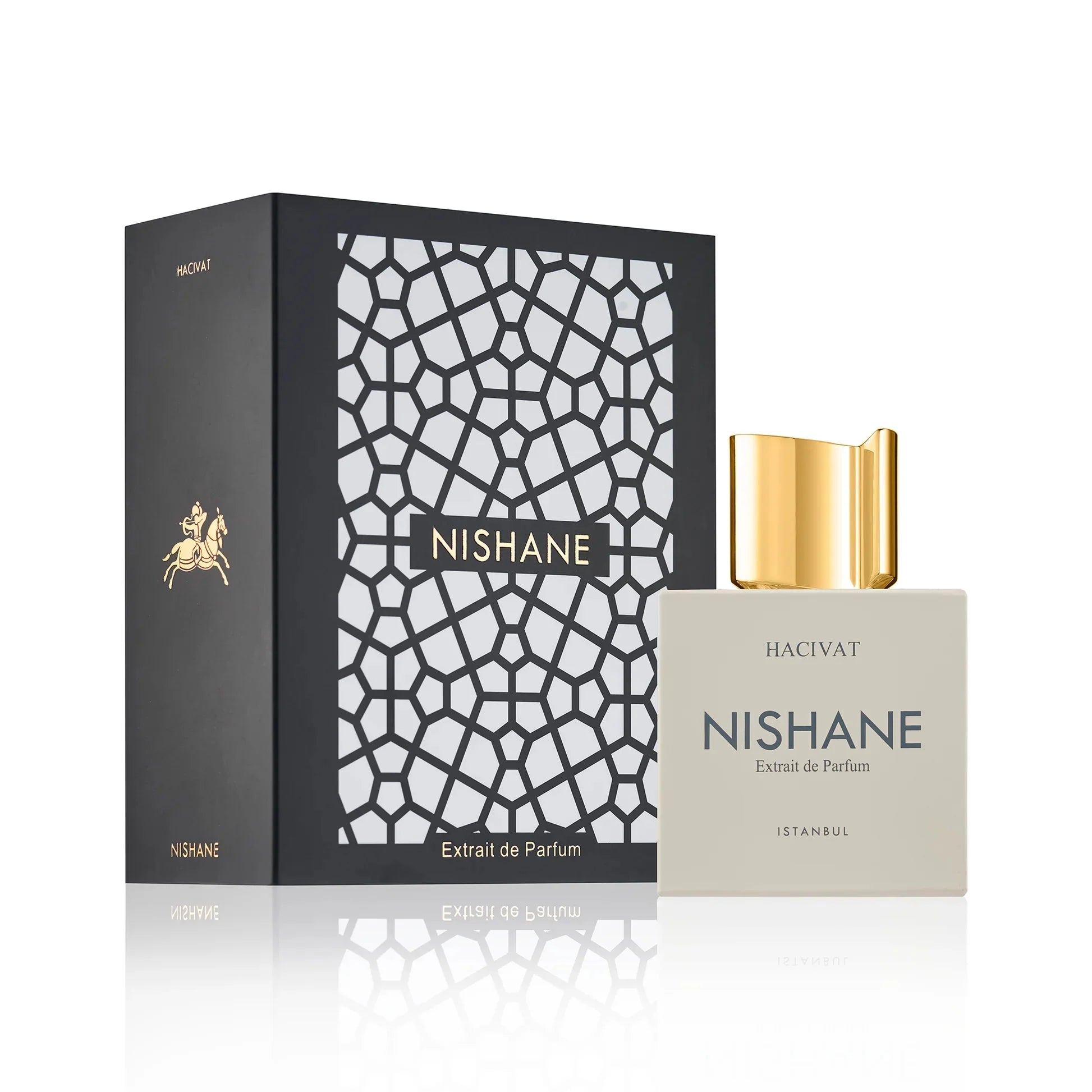 Nishane Hacivat Extrait de Parfum spray bottle, 3.4 oz (100ml), elegant fragrance with intricate bottle design.