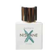 Nishane Hacivat X Extrait de Parfum spray bottle, 3.4 oz (100ml), elegant glass container with silver cap, showcasing luxury fragrance design.