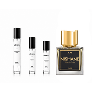 Nishane Ani Decant Extrait de Parfum sample bottle with elegant label, showcasing the luxurious fragrance container.