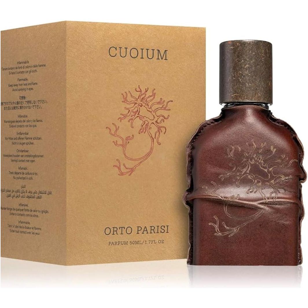 Orto Parisi Cuoium parfum spray bottle, 1.7 oz (50ml), featuring the luxury fragrance in a sleek glass container.