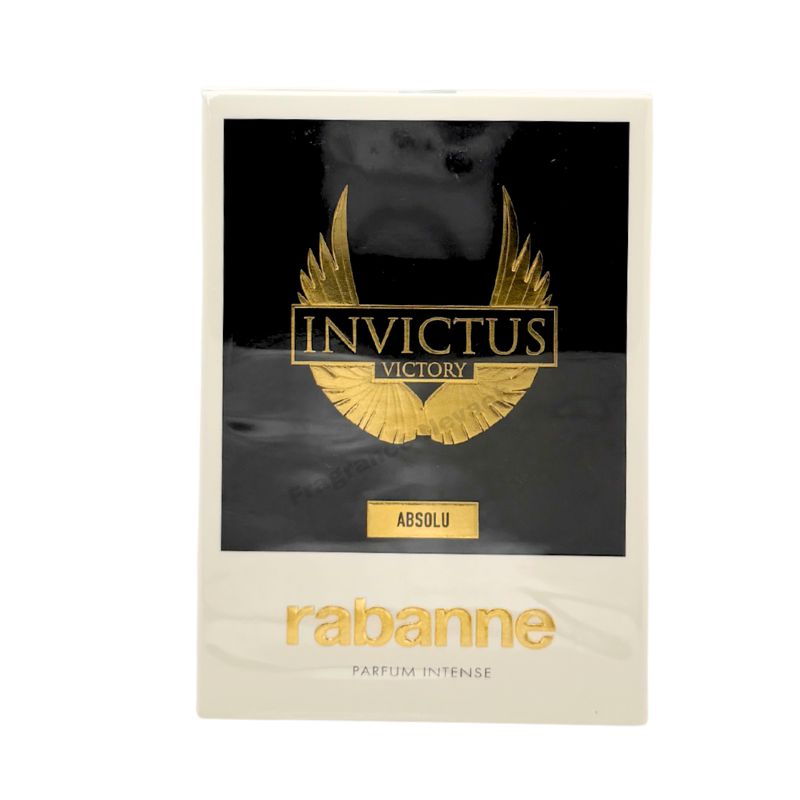 Paco Rabanne Invictus Victory Absolu Parfum Intense spray bottle, 3.4 oz (100ml), with sleek design and gold accents.