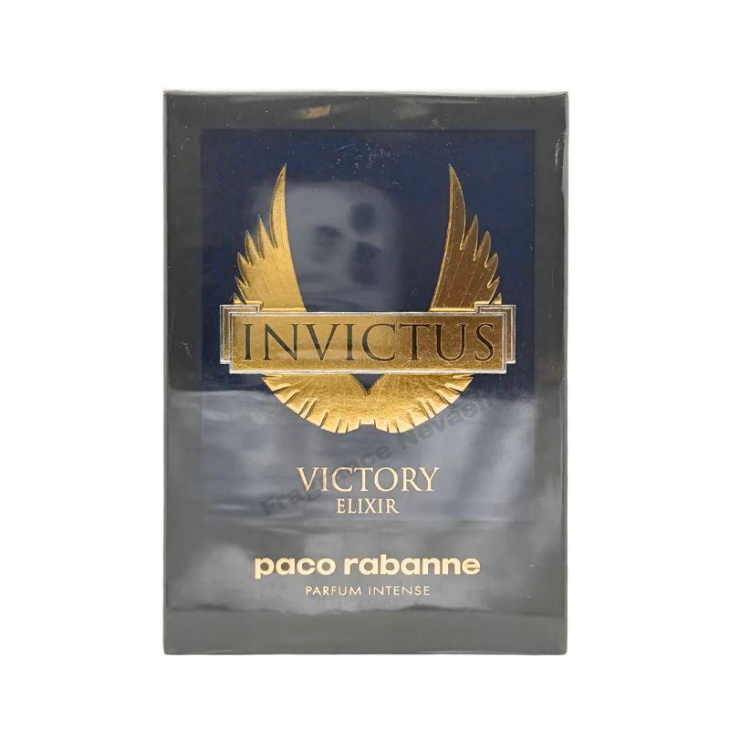 Paco Rabanne Invictus Victory Elixir Parfum Intense spray bottle, 3.4 oz, with sleek design and gold accents.