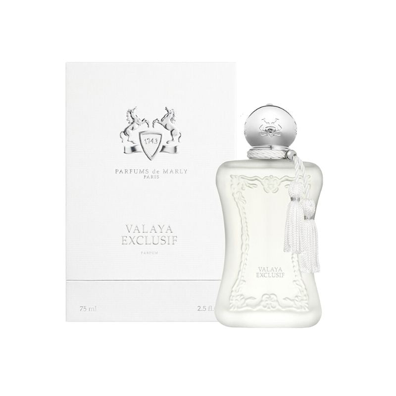 Parfums de Marly Valaya Exclusif Eau de Parfum spray in 75ml bottle, elegant glass packaging with gold accents.