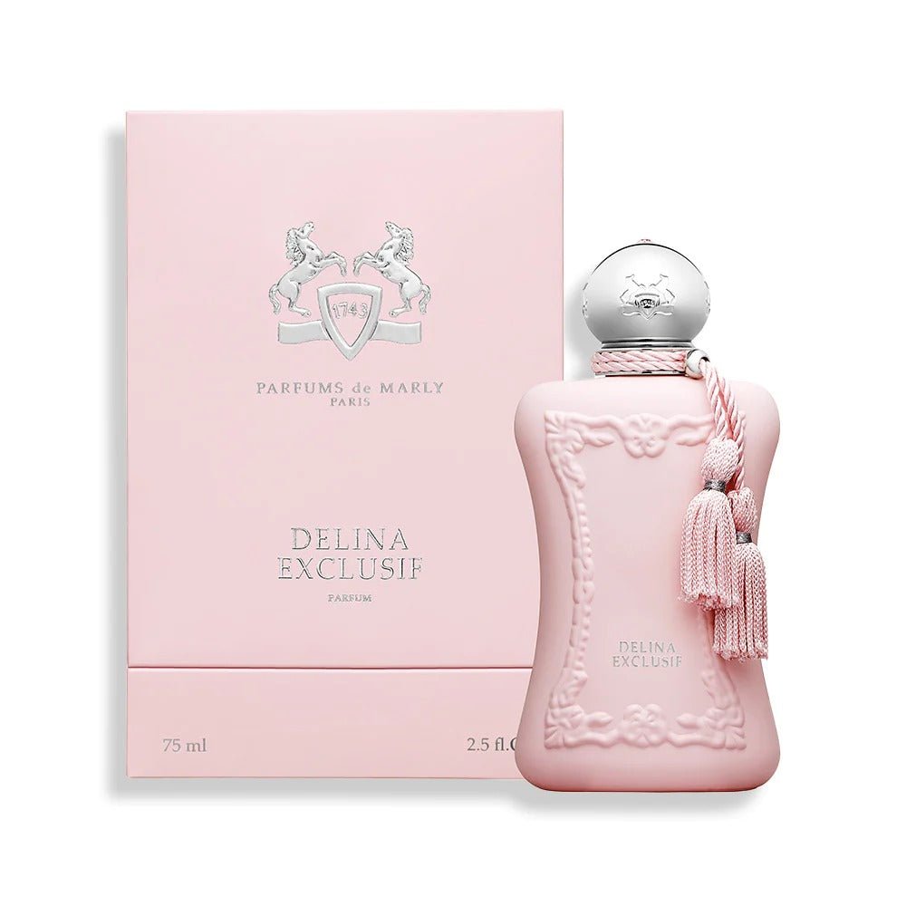 Pre-order Parfums de Marly Delina Exclusif Eau de Parfum spray in 75ml featuring elegant floral bottle design.