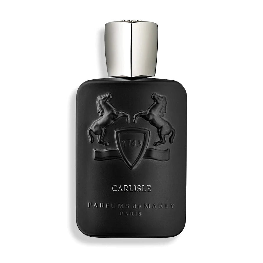 Parfums de Marly Carlisle Eau de Parfum spray in 4.2 oz (125 ml), elegant bottle with gold accents and floral design.