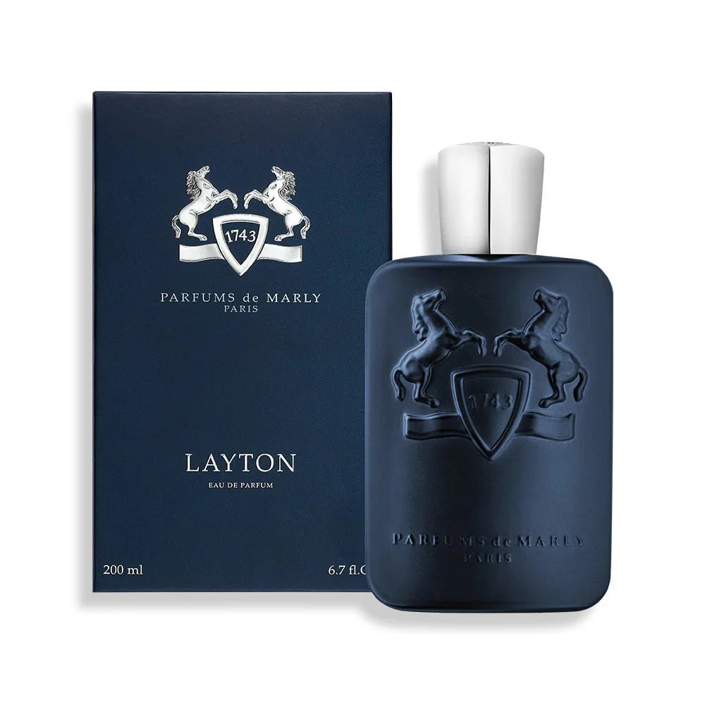 Parfums de Marly Layton Eau de Parfum spray bottle, 4.2 oz (125ml), elegant fragrance bottle with gold accents and floral design.