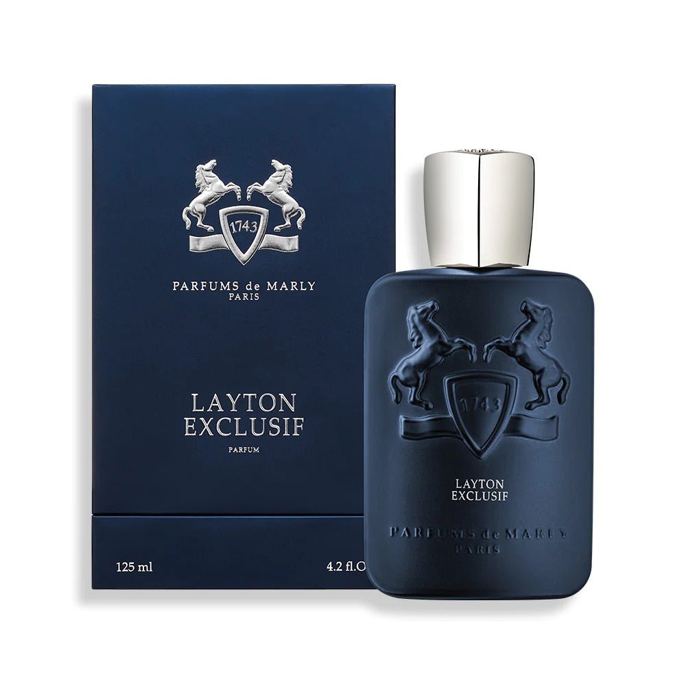 Parfums de Marly Layton Exclusif Eau De Parfum spray bottle, 4.2 oz (125ml), elegant glass bottle with gold accents.