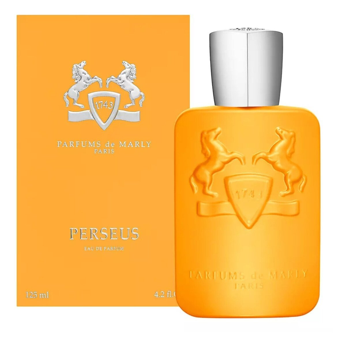 Parfums de Marly Perseus Eau de Parfum spray bottle, 4.2 oz (125ml), elegant packaging, luxurious fragrance design.