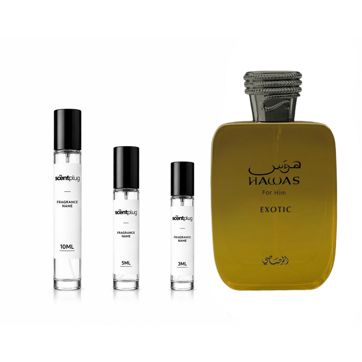 Rasasi Hawas Exotic fragrance sample decant by The Scent Plug, showcasing a small perfume bottle with a decorative cap.