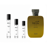 Rasasi Hawas Exotic fragrance sample decant by The Scent Plug, showcasing a small perfume bottle with a decorative cap.
