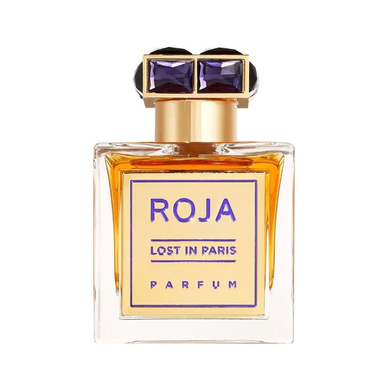 Roja Lost in Paris parfum spray bottle, 3.4 oz (100ml), elegant fragrance bottle with gold accents, luxurious scent packaging