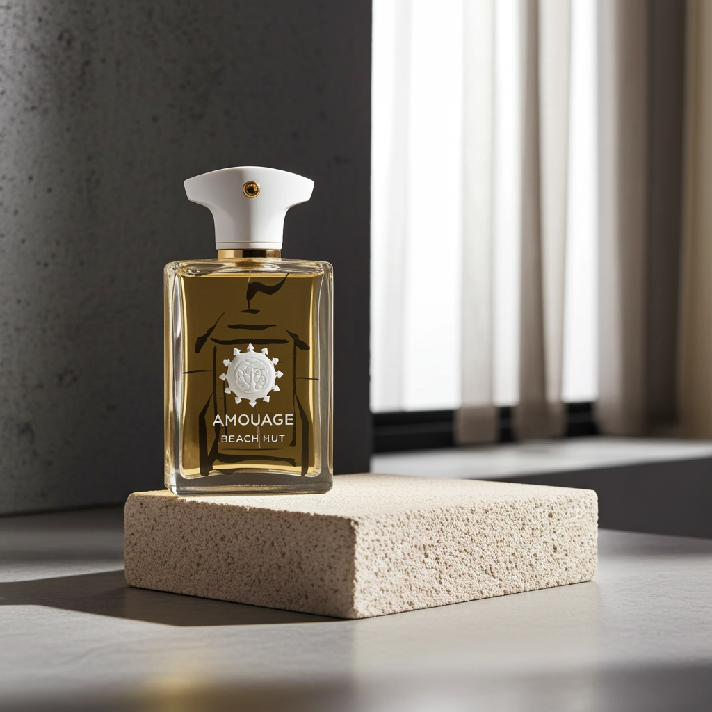 Amouage Beach Hut Man Eau de Parfum bottle with a sleek design and minimalist label, set against a neutral background.
