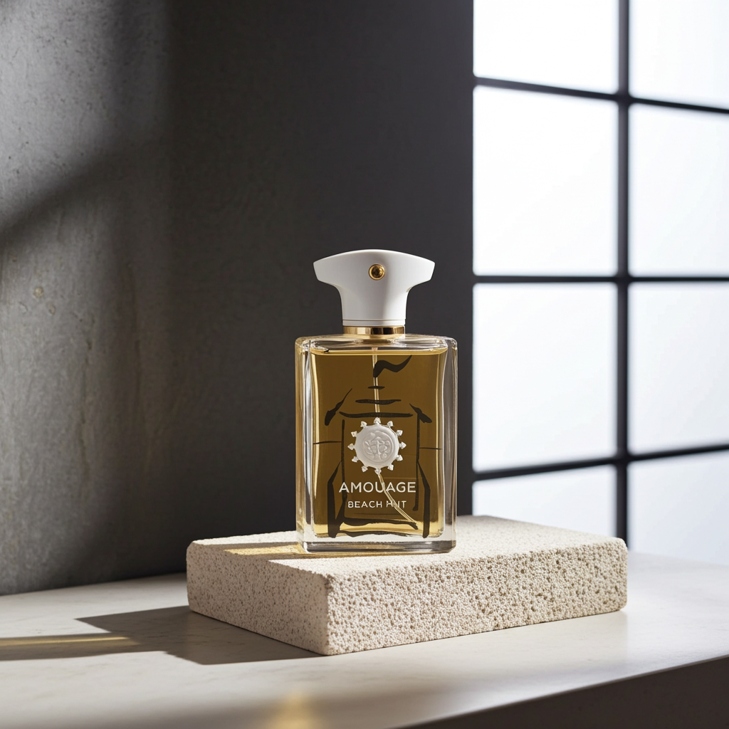 Amouage Beach Hut Man Eau de Parfum bottle with a sleek design and label, set against a neutral background.