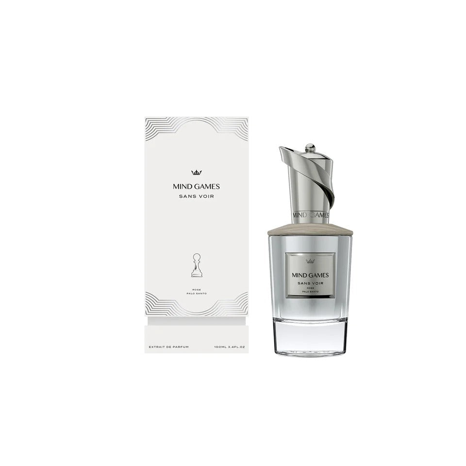 Mind Games Fragrance Sans Voir Extrait de Parfum bottle with elegant label and sleek design.