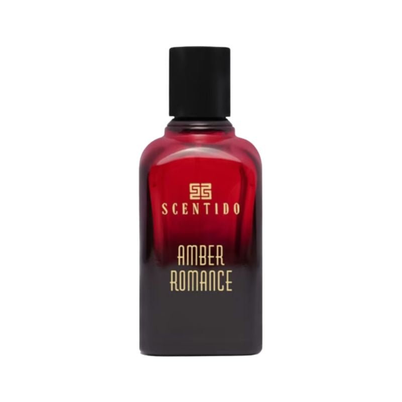 Scentido Amber Romance Eau de Parfum bottle with amber-colored liquid, 2.5 oz (75ml), elegant packaging.