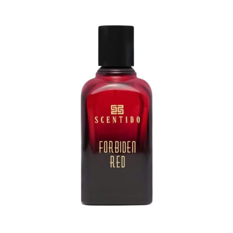 Scentido Forbidden Red Eau de Parfum spray bottle, 2.5 oz (75ml), elegant design, showcasing the fragrance bottle.