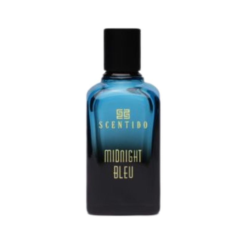 Scentido Midnight Bleu Eau de Parfum spray in 2.5 oz bottle, featuring a sleek design and deep blue fragrance bottle.