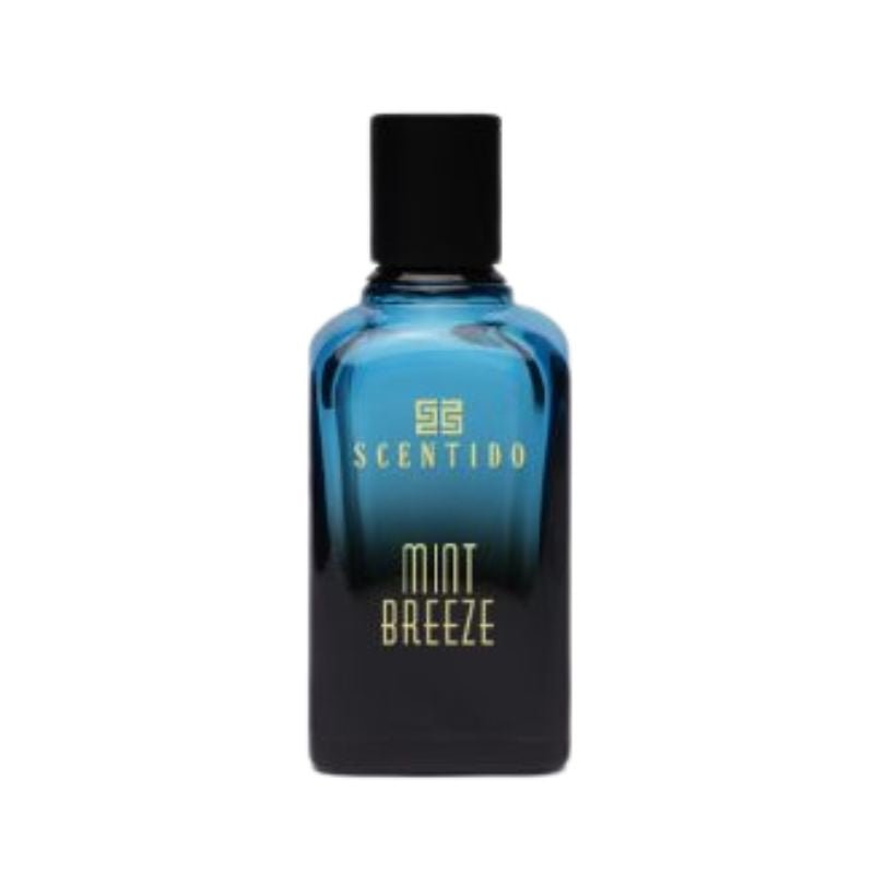 Scentido Mint Breeze Eau de Parfum spray bottle, 2.5 oz (75 ml), featuring a refreshing mint scent in a sleek glass bottle.