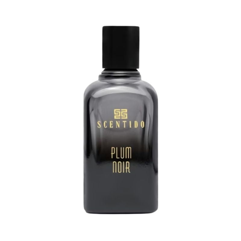 Scentido Plum Noir Eau de Parfum spray bottle, 2.5 oz (75ml), featuring a sleek design and rich plum fragrance.