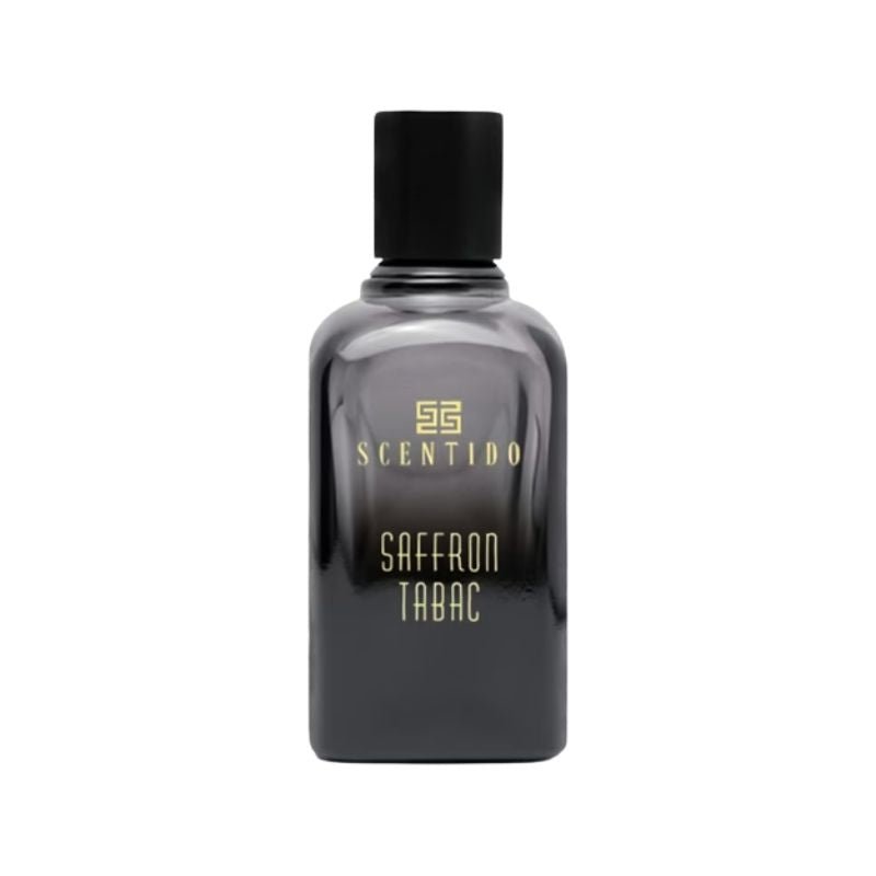 Scentido Saffron Tabac Eau de Parfum spray bottle, 2.5 oz (75ml), showcasing elegant packaging and product label.
