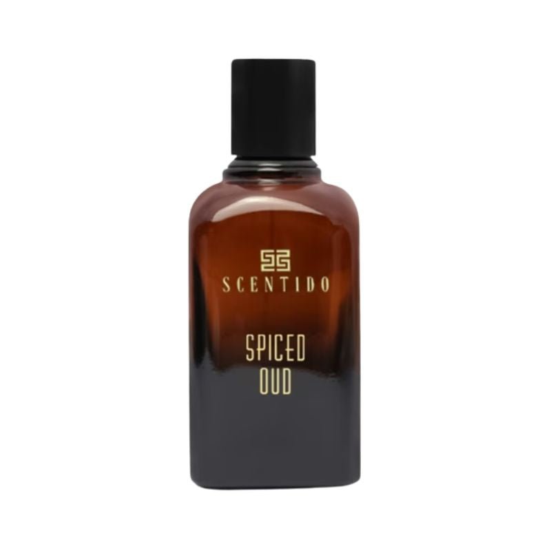 Scentido Spiced Oud Eau de Parfum spray bottle, 2.5 oz (75ml), with a luxurious scent and elegant packaging.