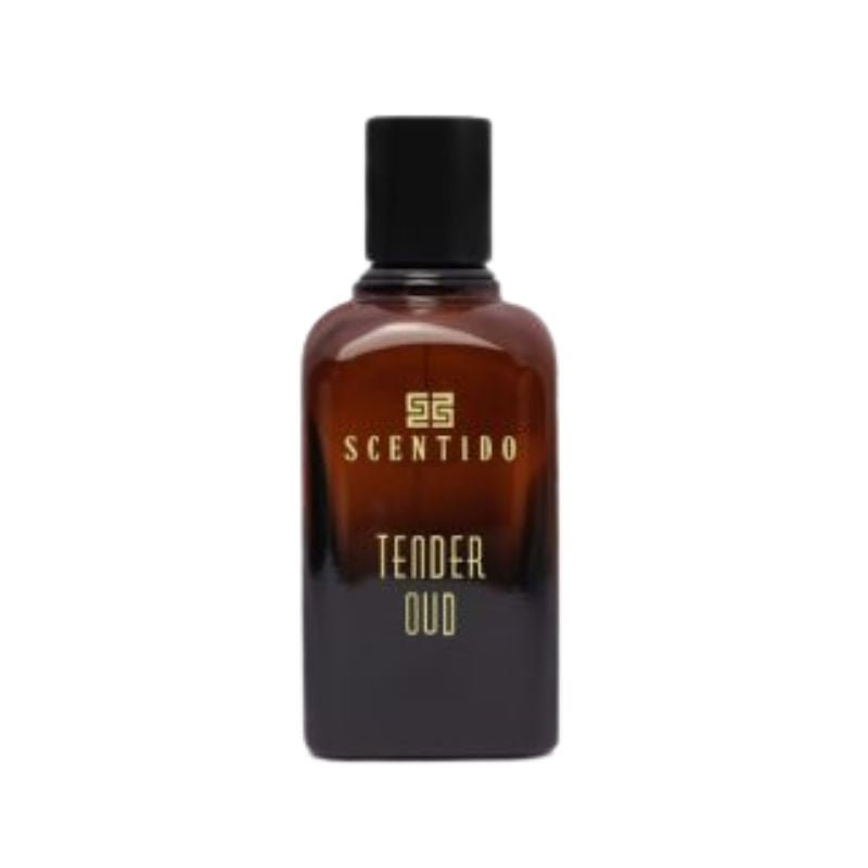 Scentido Tender Oud Eau de Parfum spray bottle, 2.5 oz (75 ml), featuring a sleek design and luxurious fragrance.