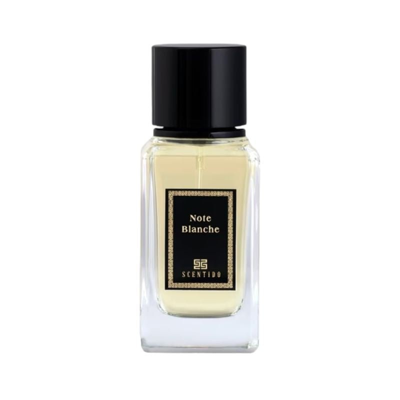 Scentido Note Blanche Extrait spray bottle, 3.4 oz (100ml), elegant fragrance with a sleek design and clear branding.