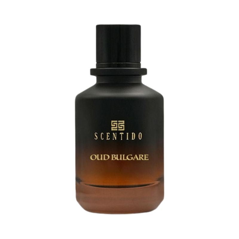 Scentido Oud Bulgare Extrait spray bottle, 3.4 oz, featuring luxurious oud fragrance in a sleek glass container.