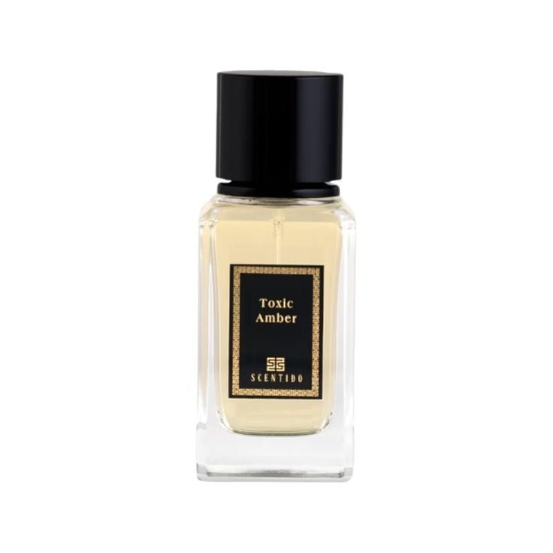 Scentido Toxic Amber Extrait spray bottle with amber-colored liquid, 3.4 oz (100 ml) scent, in a clear glass spray bottle.