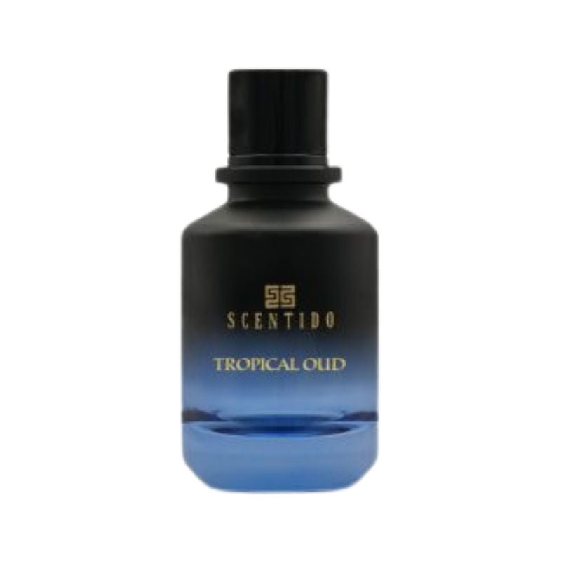 Scentido Tropical Oud Extrait spray bottle, 3.4 oz, featuring a luxurious oud scent in a sleek glass container.