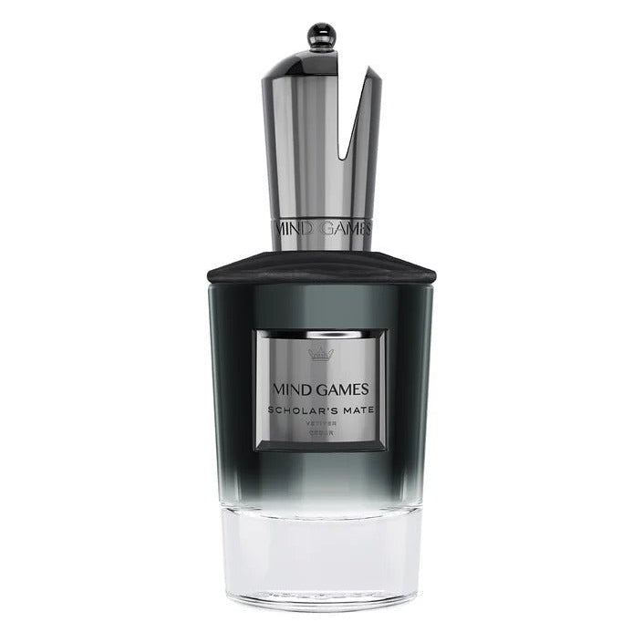 Elegant bottle of Mind Games Scholar's Mate extrait de parfum by Mind Games Fragrance, featuring a sleek design and sophisticated branding.