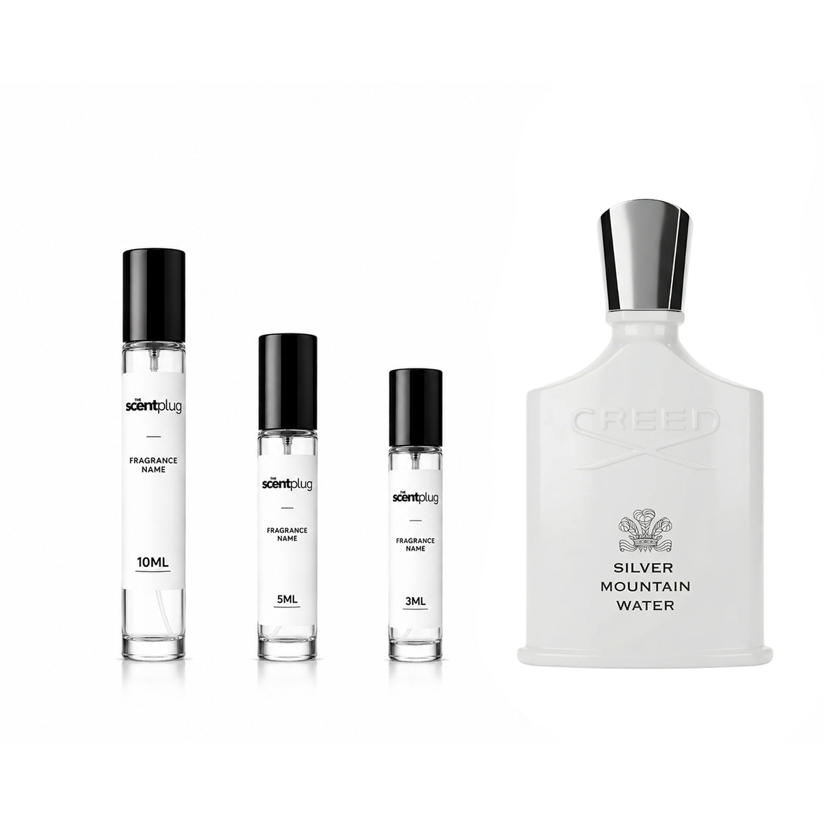 Creed Silver Mountain Water decant sample in a small spray bottle with a black cap, showcasing the fragrance label.