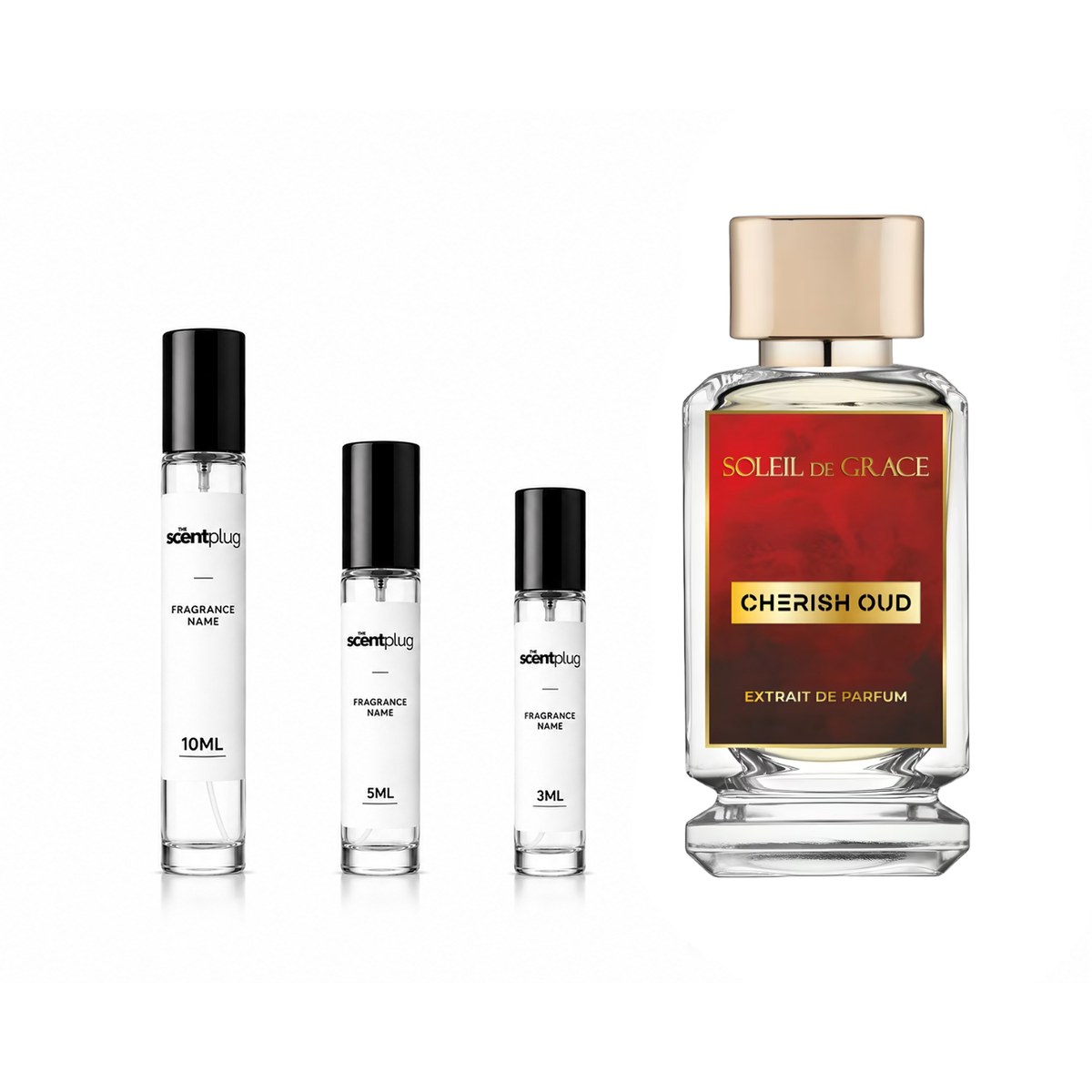 Sample of Cherish Oud Soleil de Grâce decant by The Scent Plug, featuring a small glass vial with a white cap and fragrance label.