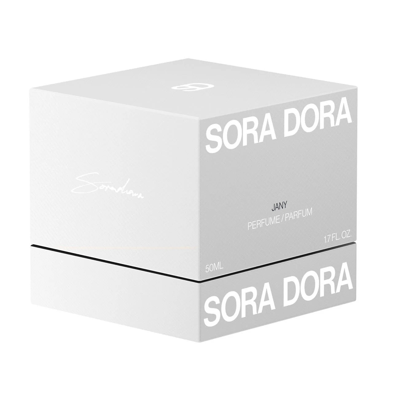 Sora Dora Jany Extrait spray bottle, 1.7 oz (50ml), with clear packaging and spray nozzle, natural fragrance presentation.