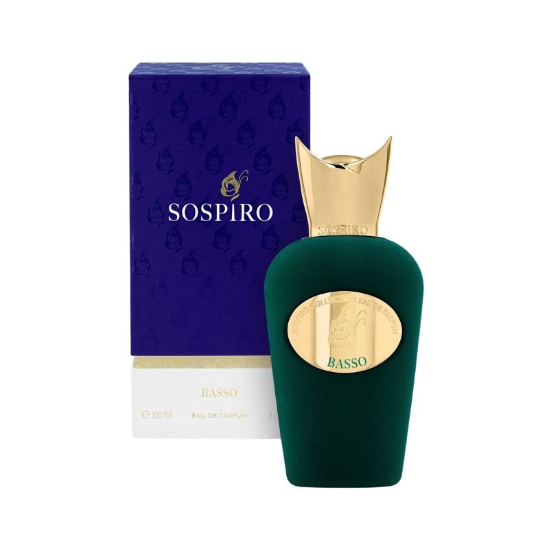 Sospiro Basso Eau de Parfum spray bottle, 3.4 oz (100ml), elegant fragrance with a sleek design and luxurious packaging.