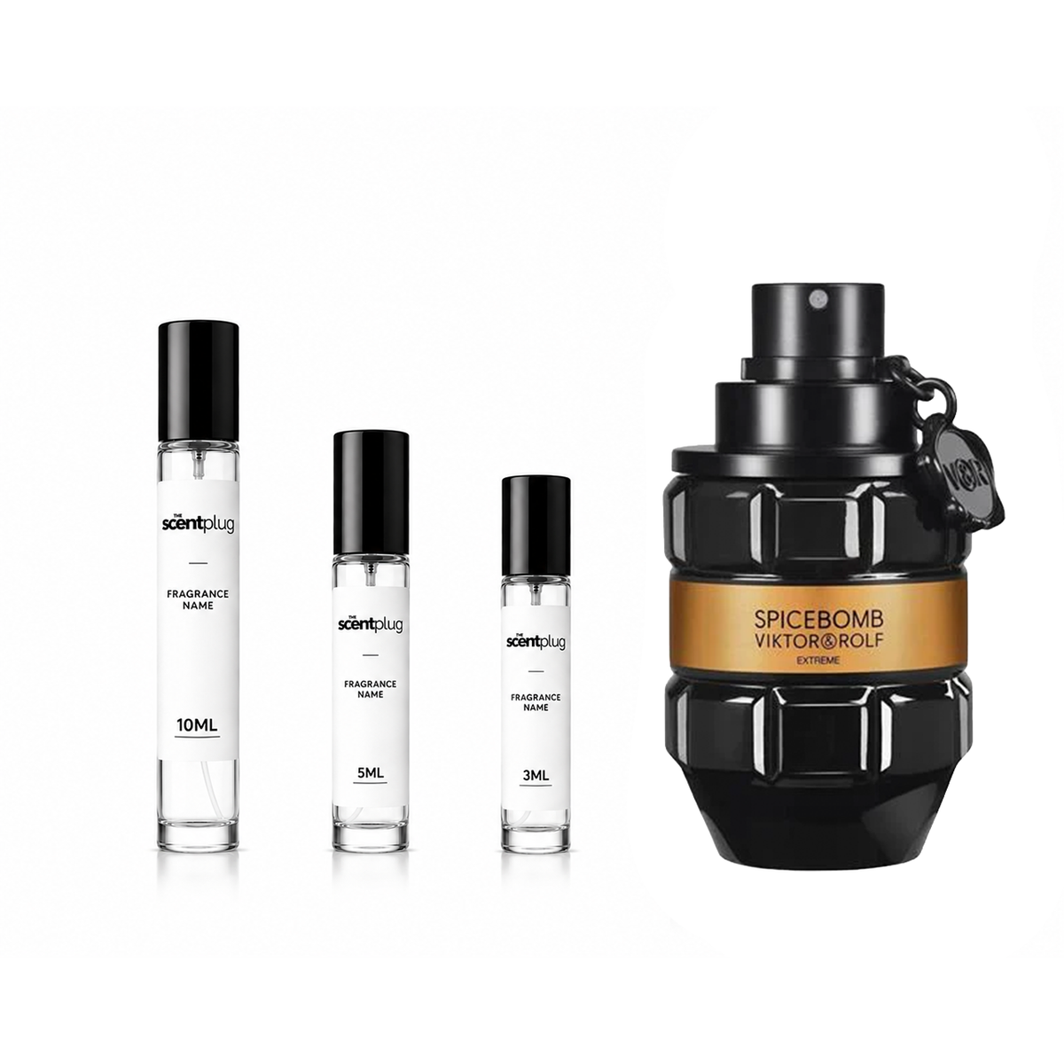 Viktor & Rolf Spicebomb Extreme Eau de Parfum decant sample bottle with dark packaging and metallic accents.